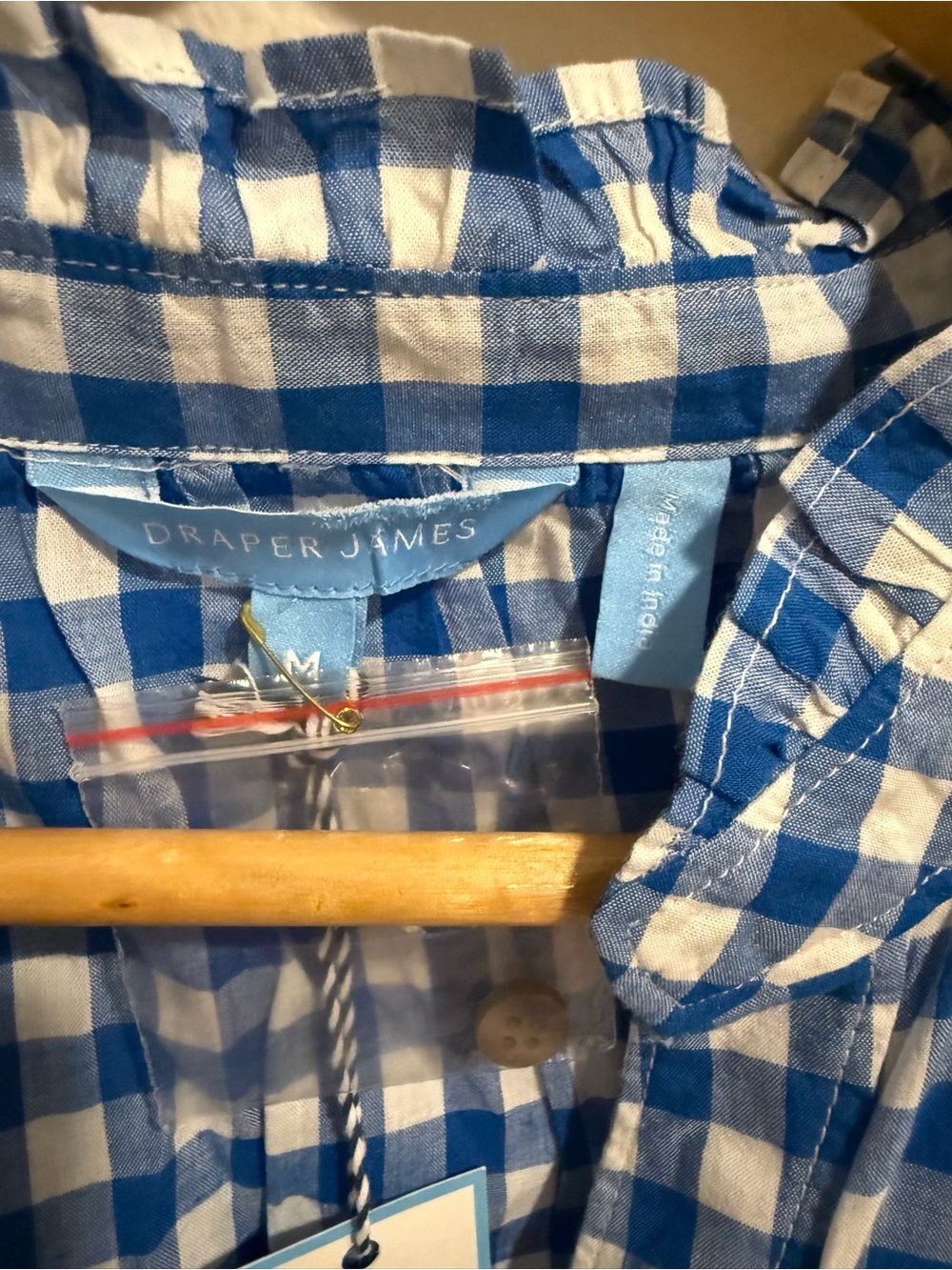 NWT Draper James Blue White Gingham Ruffle Sleeve Button Front Blouse Medium - Picture 4 of 9